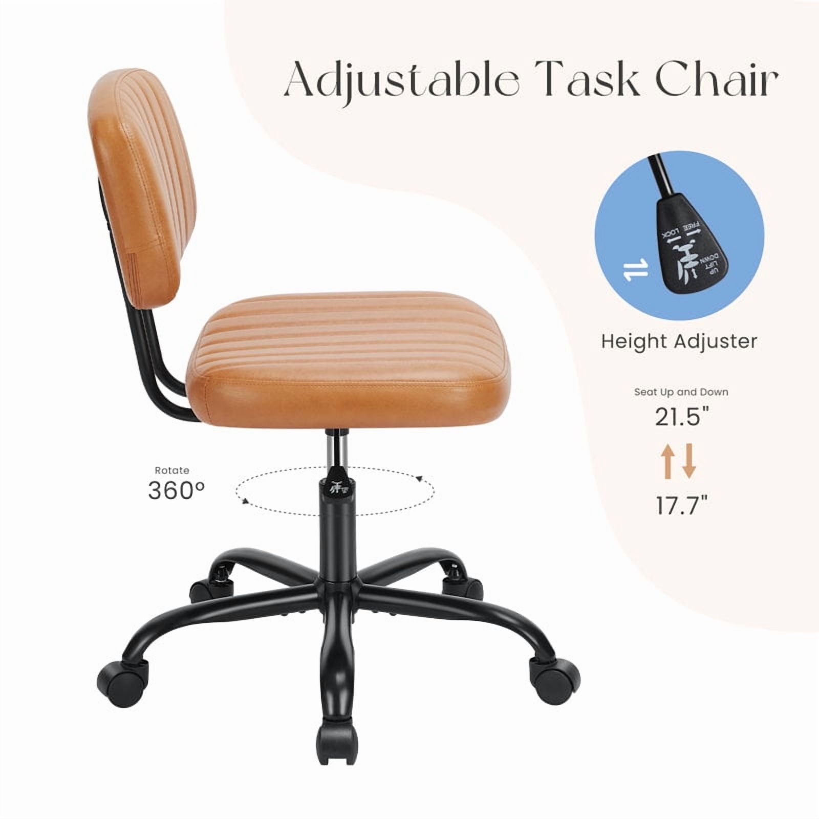 Desk Chair, Armless Activity Chair with Wheels, Comfy Low Back Swivel Task Chair, Brown