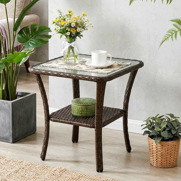 Fnova Outdoor Wicker Square Side Table, PE Rattan Patio End Table with Tempered Glass Top, Sturdy Frame, Small Accent Table for Patio Balcony Poolside