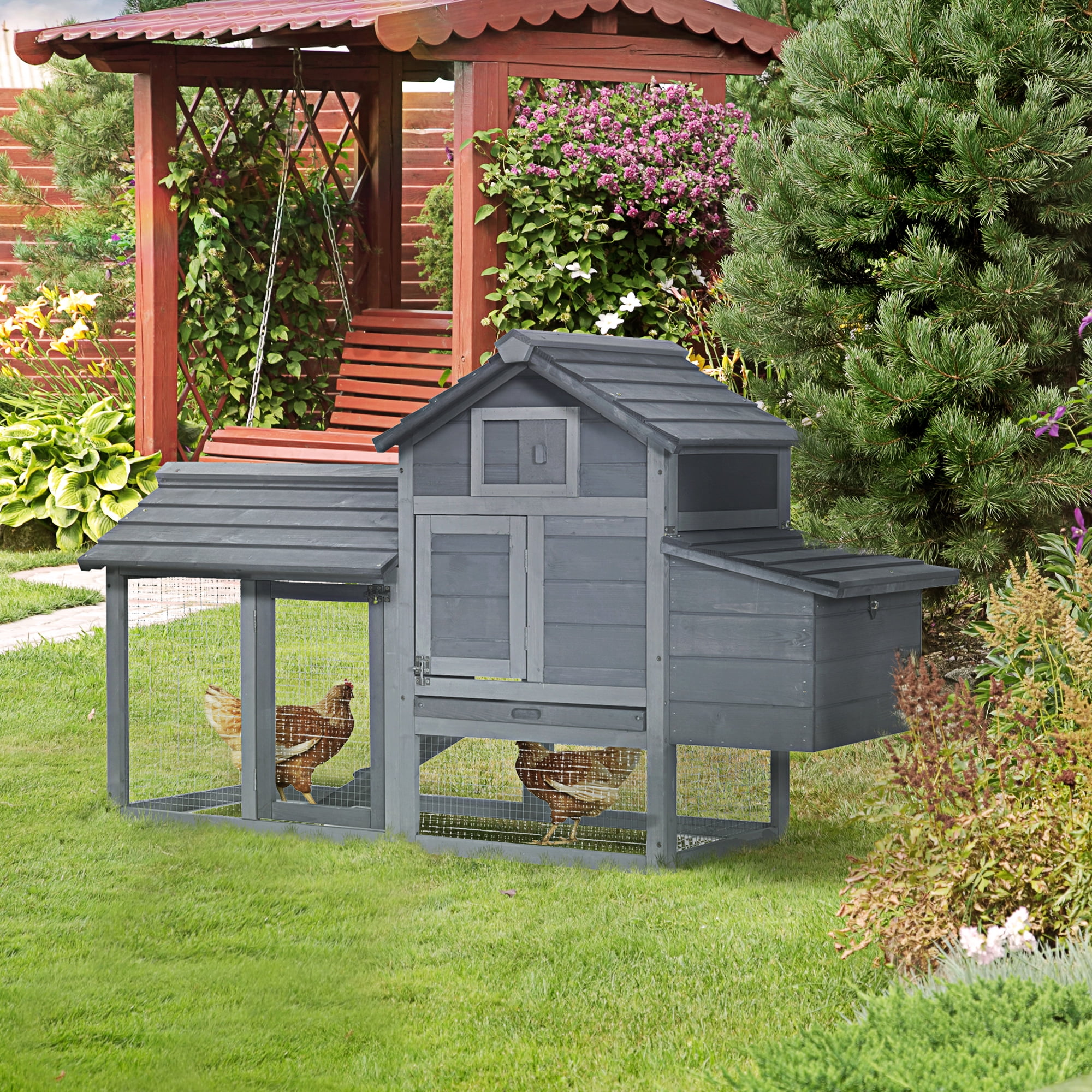 59" Small Wooden Chicken coop Hen House Poultry Cage for Outdoor Backyard with 2 Doors, Nesting Box and Removable Tray, Gray