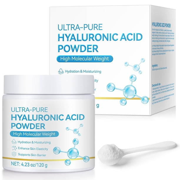 Suero de ácido hialurónico puro en polvo para piel y rostro, 120 g. Suero de ácido hialurónico antienvejecimiento de alto peso molecular, soluble en agua, polvo fino, sin gluten, sin OMG. Incluye cuch