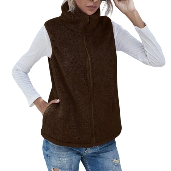 Women'S Turtle-Neck Sleeveless Warm Plush Vest with Zipper Autumn Winter Jacket Pockets Dark Brown XL