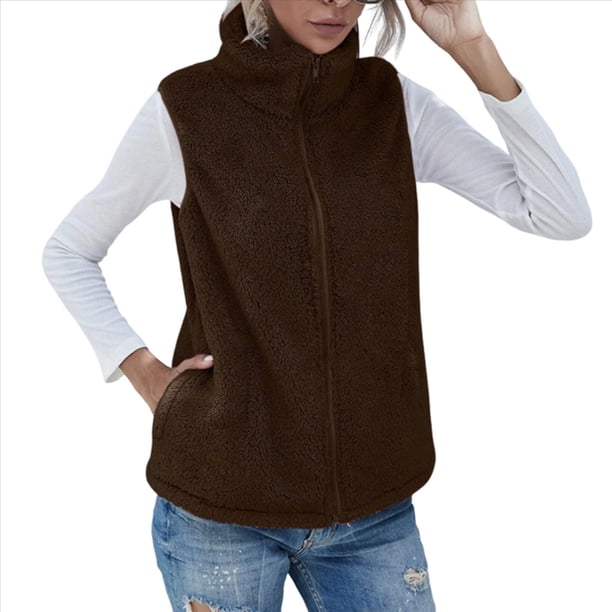 Chaleco de Felpa Cálido Sin Mangas con Cuello Alto para Mujer, con Cremallera, para Otoño e Invierno, con Bolsillos Marrón Oscuro 5XL