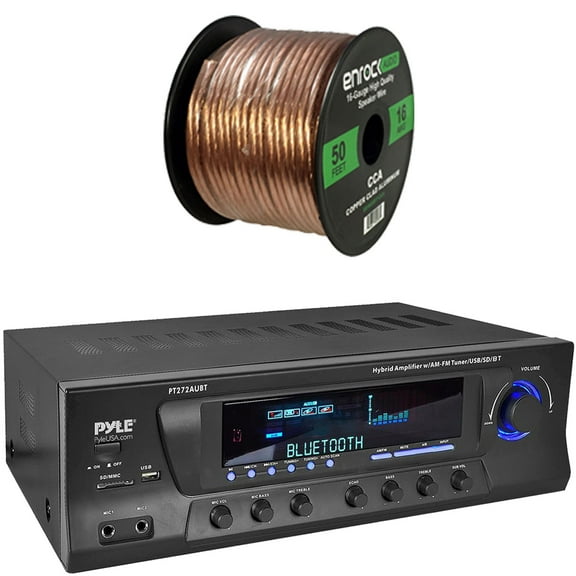 Pyle PT272AUBT High-Power 300 Watt Max Bluetooth Home Theater Amplifier Receiver with AM/FM Radio, MP3 & USB Playback Bundle Combo With 50 Feet 16 Gauge Speaker Wire