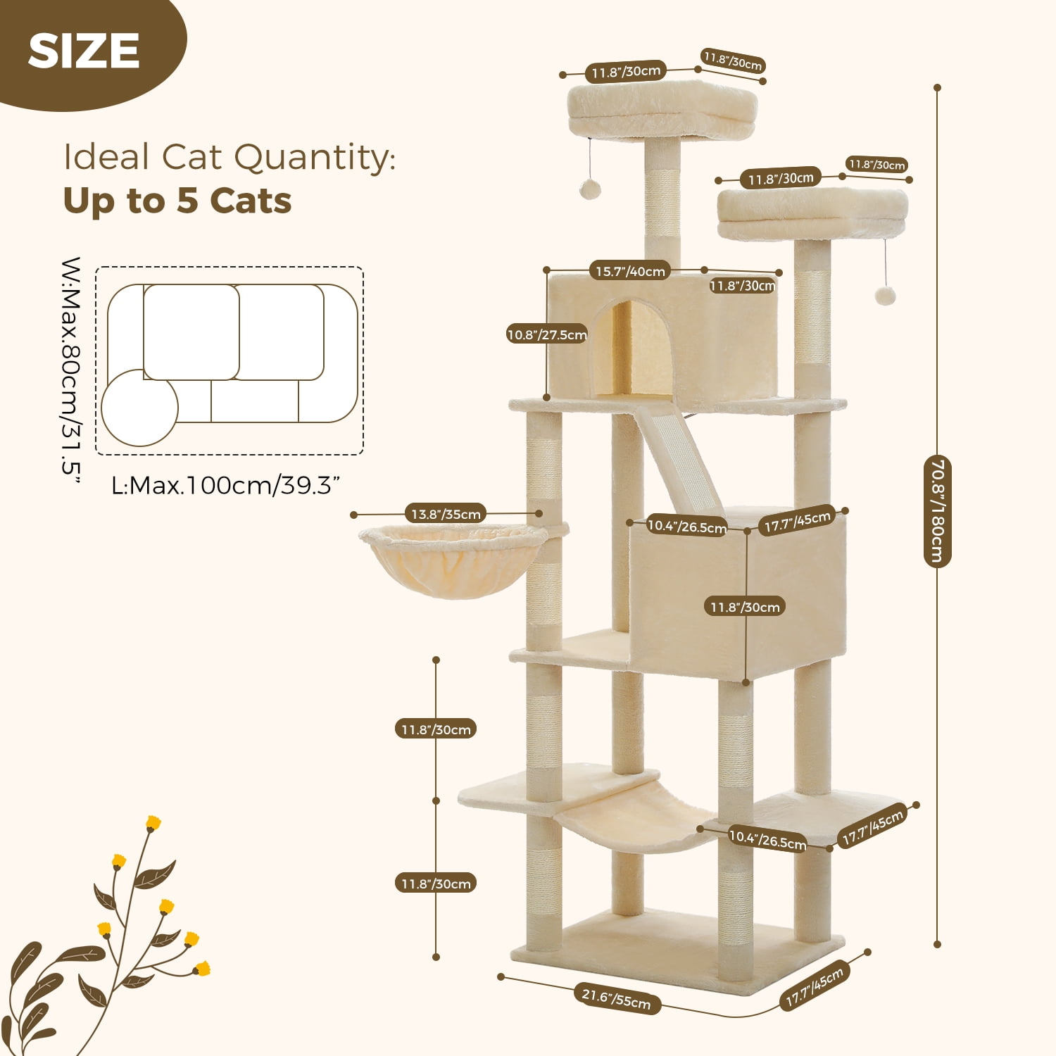 Pefilos 70.8" Tall Cat Tree for Adult Indoor Cats, 8-Levels Large Cat Tower with 8 Sisal Posts, 2 Hammocks, 2 Condos, Big Perch & 3 Pom Poms, Beige
