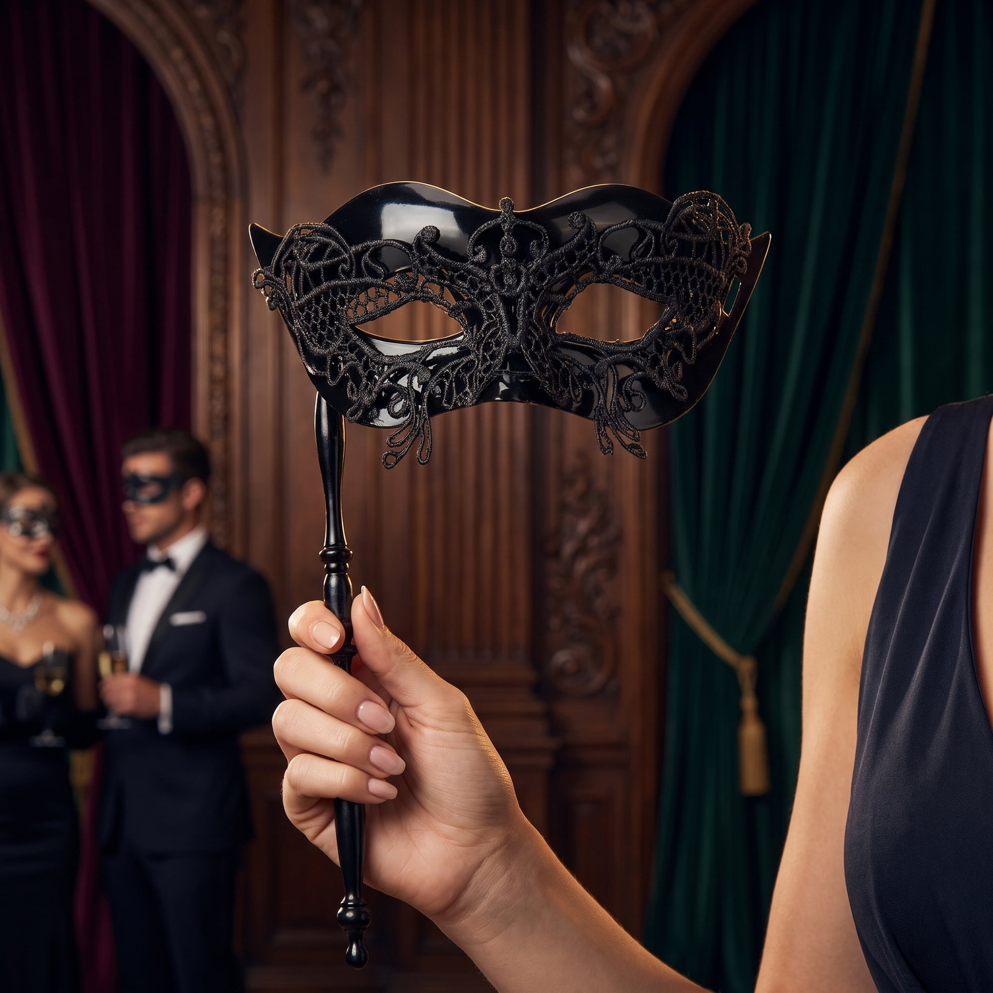 Unique Bargains Handheld Masquerade Mask with Stick Molded Venetian Eye Black 10.6" x 7.1"