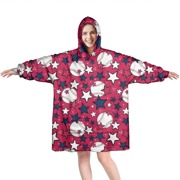 Red Baseballs and Stars Pattern Wearable Oversized Blanket,Wearable Blanket Hoodie for Adults,Cozy Hooded Blankets with Super Pockets,Super Warm Fuzzy Pullover for Women & Men
