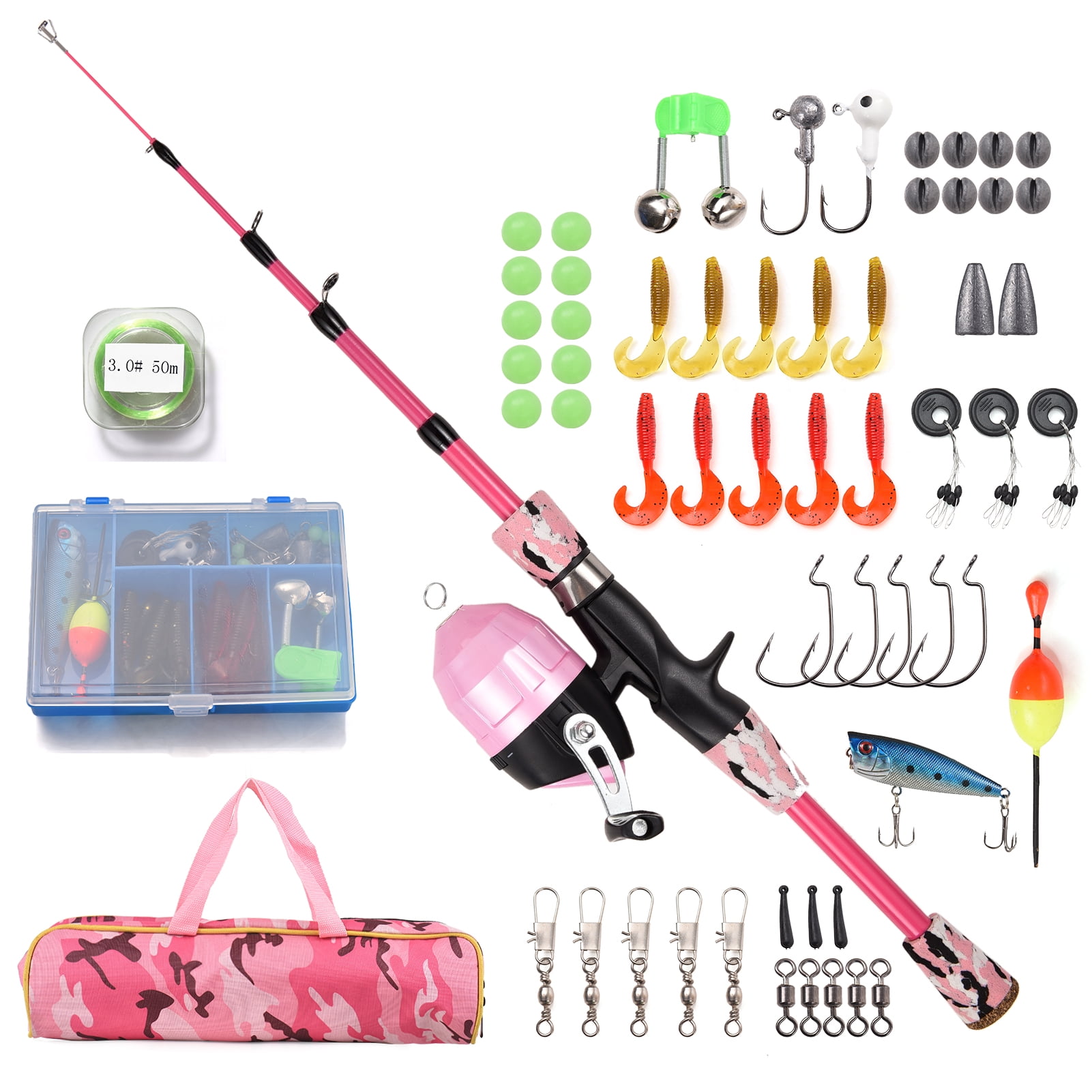 Fishing Rod and Reel Combo Full Kit 1.2m1.5m Telescopic Casting Rod with  Spincast Reel and Hooks Lures Swivels Carry Bag 