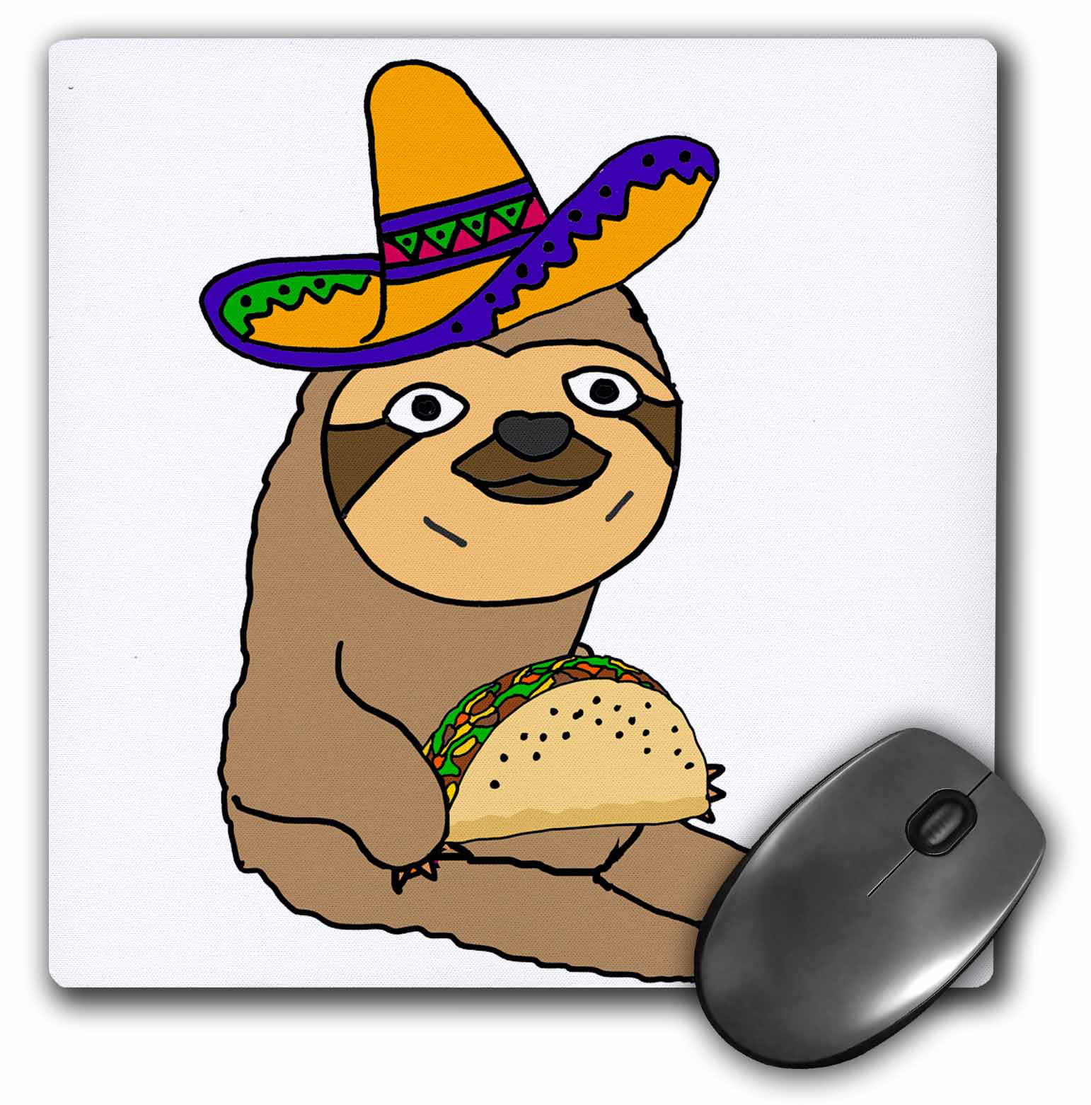 3dRose Amusing Cute Sloth wearing Sombrero and eating Taco Cartoon - Mouse  Pad, 8 by 8-inch 