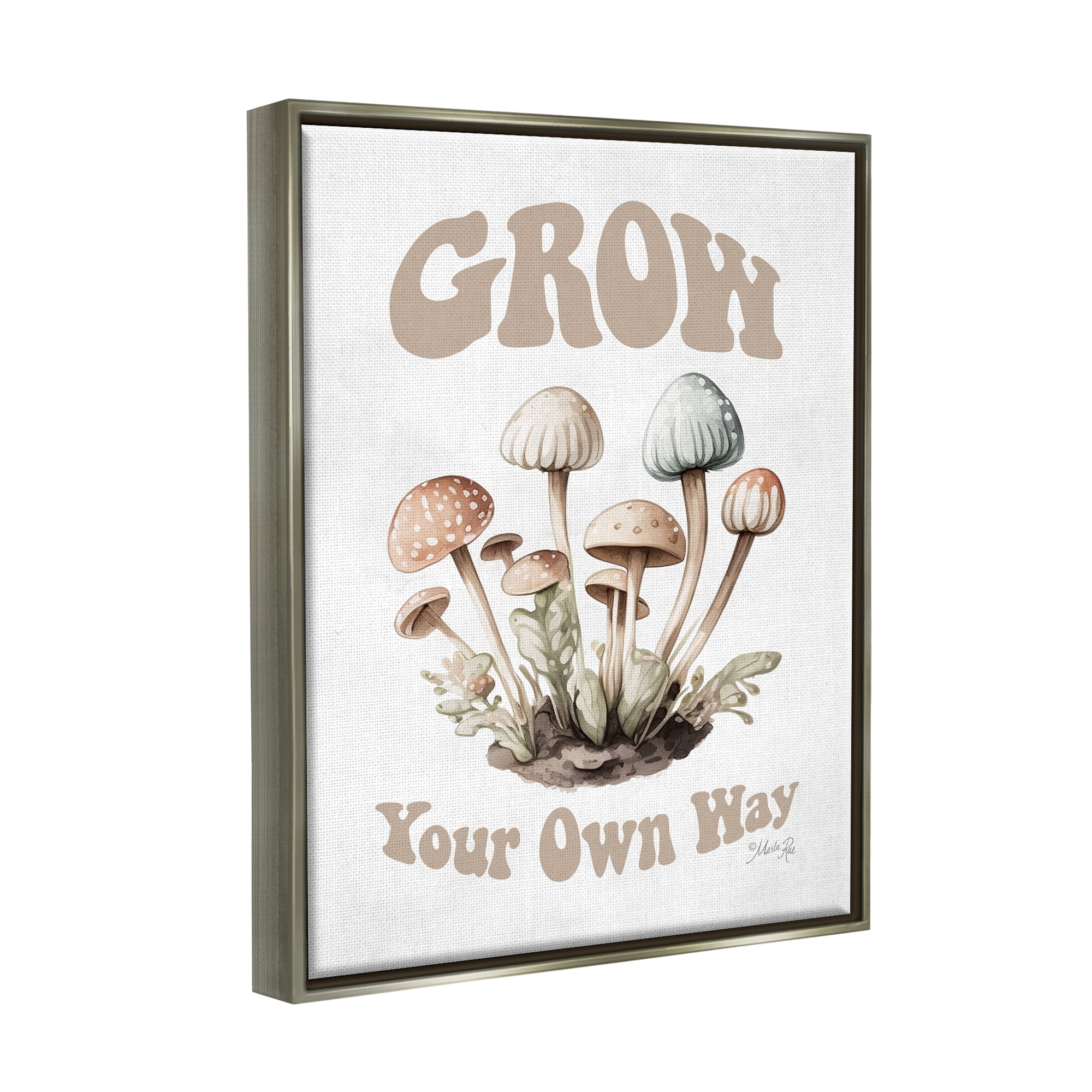 Stupell Industries Groovy Mushrooms Grow Phrase Botanical & Floral Painting Gray Floater Framed Art Print Wall Art, 25 x 31