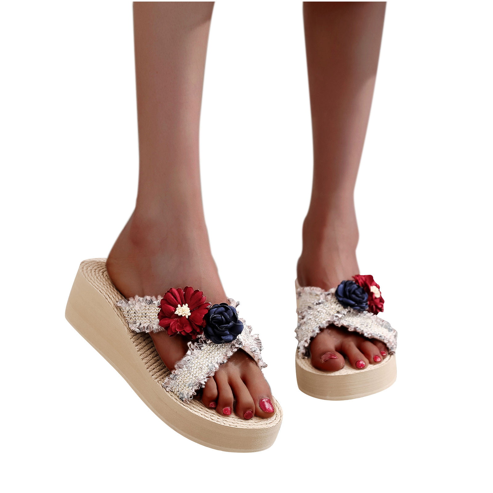 Women Bohemia Floral Flat Shoes Casual Beach Sandals Slippers Flip Flops