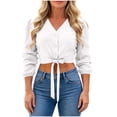thumbnail image 2 of ClodeEU Women's V Neck Long Sleeve Button Down Bow Waist Crop Shirt Top, Casual Solid Color Blouse White,Women's Plus XL, 2 of 7