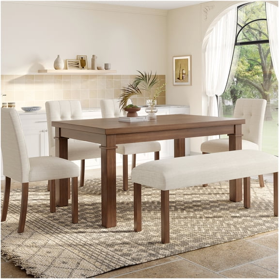 Walnut Modern 6-Piece Dining Set with Upholstered Chairs and Bench, Rubber Wood Kitchen Table for Dining Room, Space Saving Design