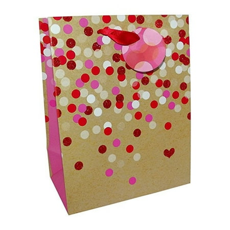 Circle Dots Medium Glitter Valentine GiftBag, 1 piece -9"H x 7"L x 4"W