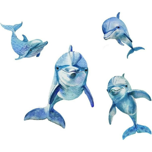 Pegatinas de pared de delfines de acuarela, calcomanías de pared de delfines azules, 4 piezas, lindos animales marinos, decoración de PVC, papel tapiz artístico DIY, decoraciones mural