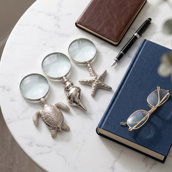 Coastal Magnifying Glass for Home and Bathroom Decor - Metal Turtle, Seashell, and Starfish Sculptures for Living Room, Office, and Shelf - Ornament for Mantel Accent - Set of 3, 1", Silver