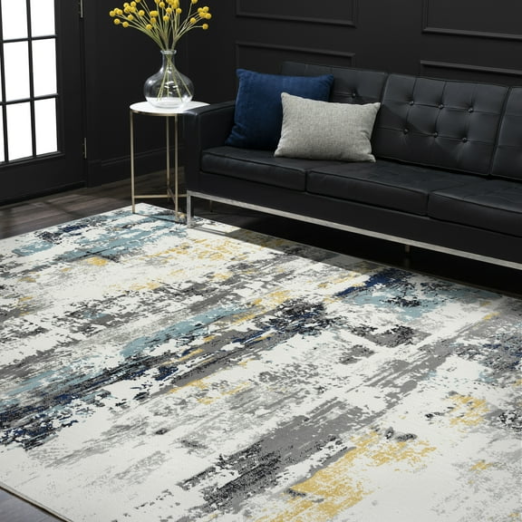 Contemporary 5x8 Area Rug (5'3'' x 7'3'') Abstract Blue, Gray Living Room Easy to Clean