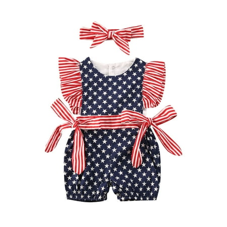 

Puloru 2 Pcs Baby Girl Romper Suits Stripe Star Print Jumpsuit + Headband Sets