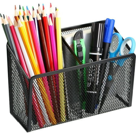 

TORUBIA Magnetic Pencil Holder and Locker Organizer Wire Mesh Storage Basket for Refrigerator Whiteboard or Office Cabinet. Extra Strong Magnets. Office Accessories (Black 2 Compartment)