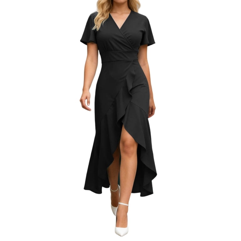 Womens Dress Semi Formal Wedding Guest Wrap Midi Dresses Summer Western A Line High Low Ruffled Dress, Wedding Guest Dress(Black,L)