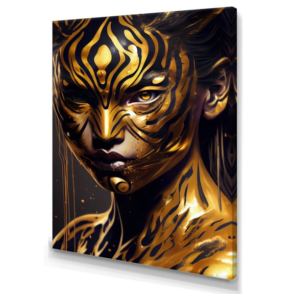 Designart Black And Gold Tiger Woman I Canvas Wall Art