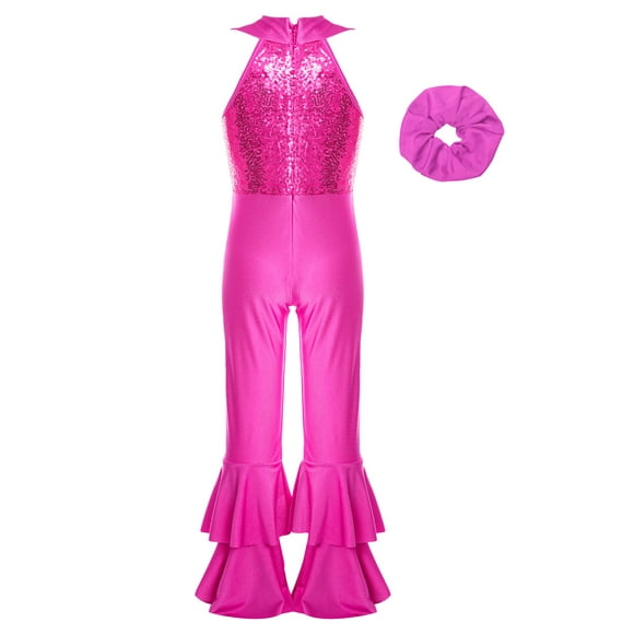 Hansber Justaucorps de Danse Sans Manches à Paillettes Brillantes pour Filles avec Bandeau Rose Vif 6