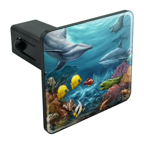 Coral Reef Ocean Scene Dolphin Turtle Shark Stingray Fish Tow Trailer Hitch Cover Plug Insert