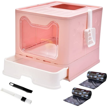 Cat Litter Box with Lid  Top Entry Cat Litter Box Pan  Enclosed Cat Potty  Anti-Splashing Cat Toilet  Foldable Litter Box Large Covered Cat Supplies with Scoop Brush and Garbage Bag Pink