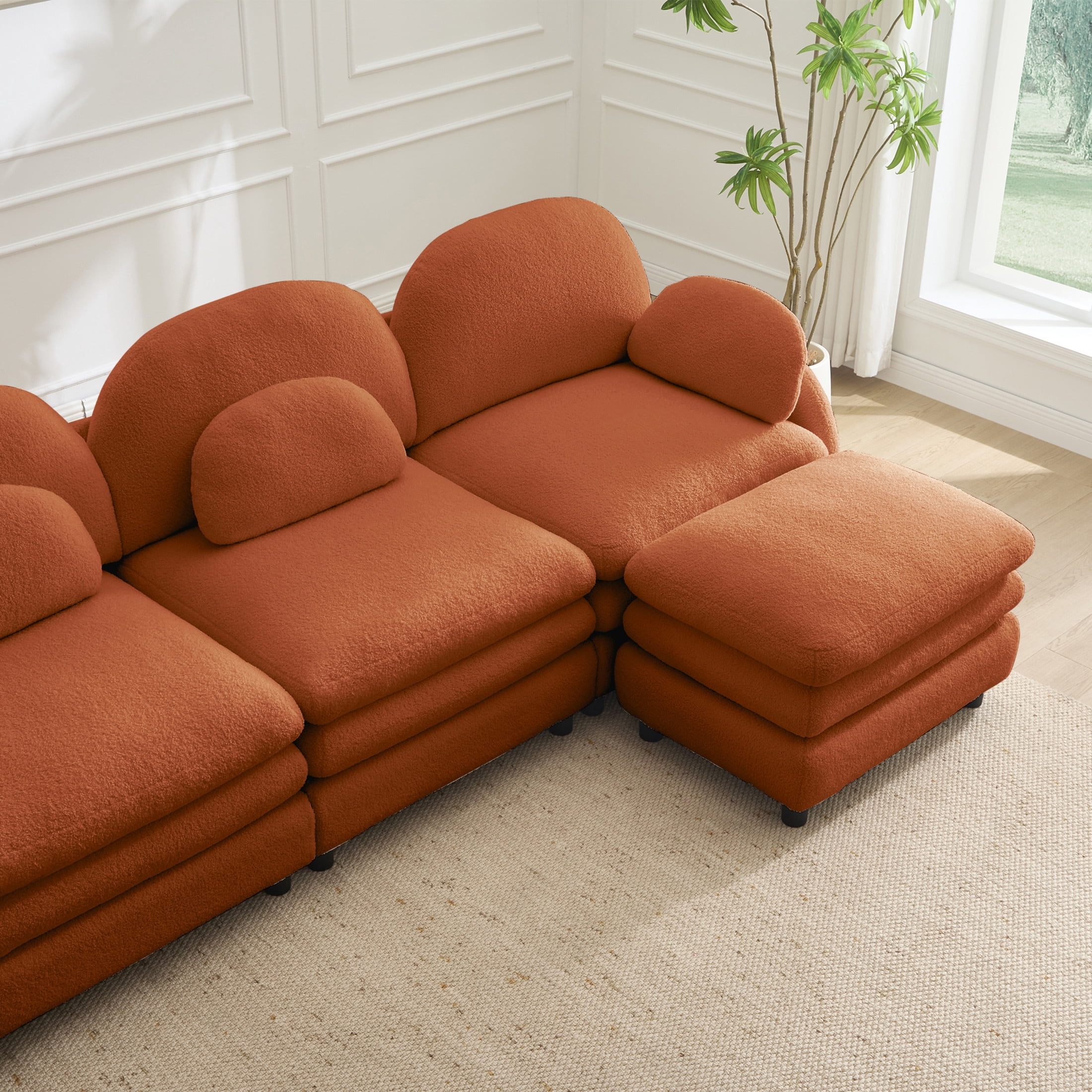 Noble House Windsor Teddy Fabric 2-Seater Sectional Sofa, Modular Cloud Couch with 2 Ottomans and Lumbar Pillows, Orange