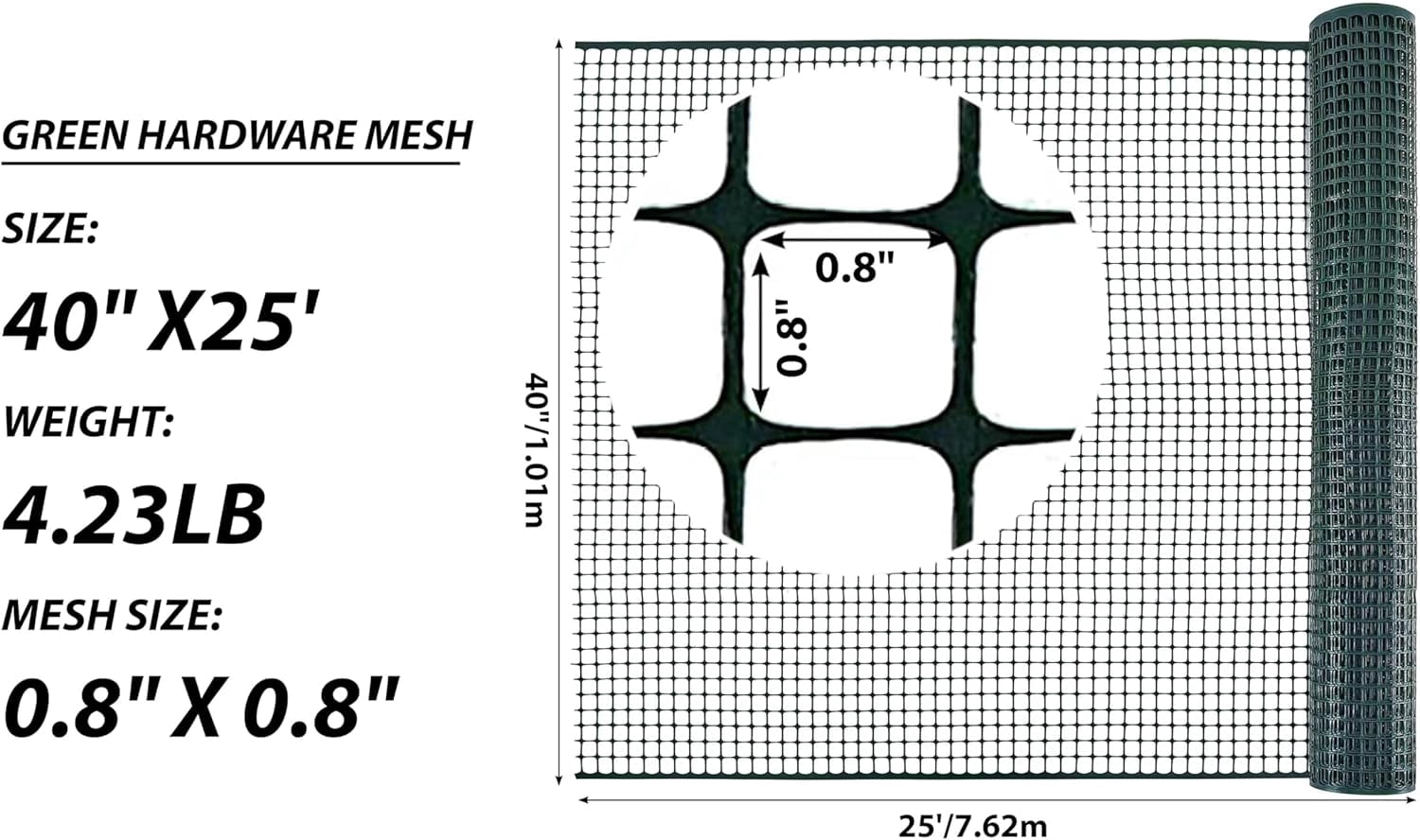 Plastic Mesh Netting for Garden, Balcony, Deck, Tree Guards, Animal Barrier, 40'' x 25', Green with 50 Zip Ties
