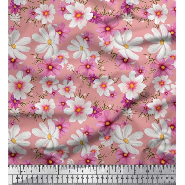Soimoi Crepe Silk Fabric Cosmos Floral Printed Craft Fabric by The Yard 42 Inch Wide