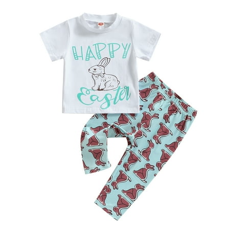 

Infant Baby Easter Outfit Summer Bunny Print Short Sleeve T-shirt and Stretch Casual Pants Set for Toddler Girls Boys（0-3Years）