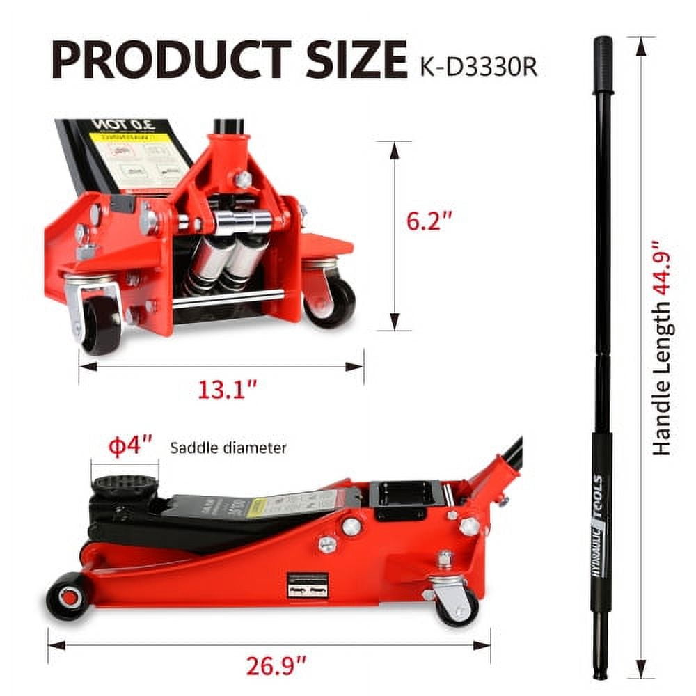 Hydraulic Low Profile and Steel Racing Floor Jack with Dual Piston Quick Lift Pump,3 Ton (6600 lb) Capacity, Lifting range 3.3