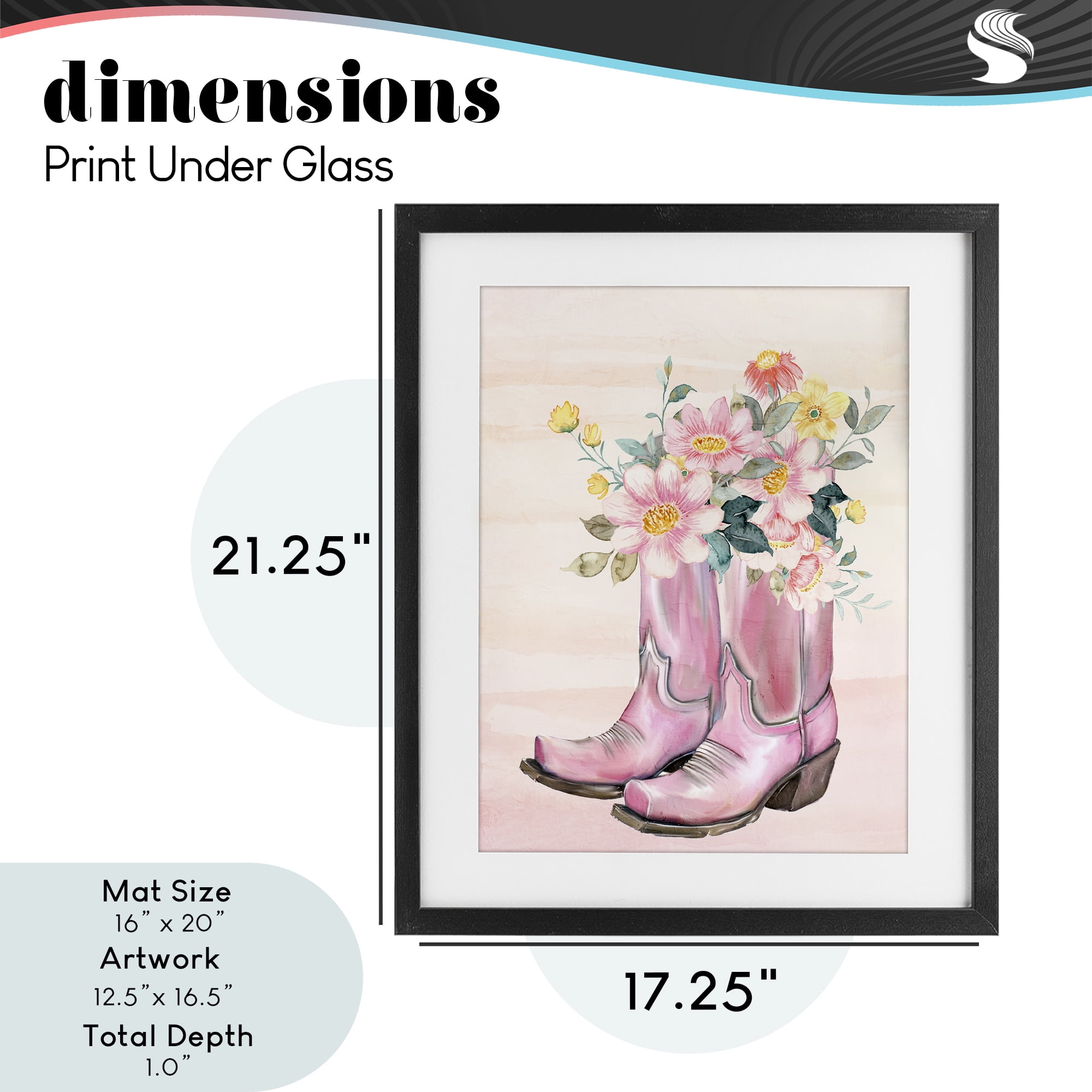 Wildflower Floral Boots Black Framed Print Under Glass, design by Kim Allen