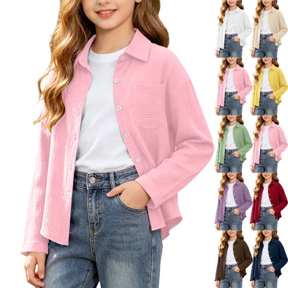 Long Sleeve Shirts Kids Dqueduo Kids Boys Girls Fashion Solid Color Soft Long Sleeve Button With Pocket Casual Top Shirt Cardigan Pink 7 Years