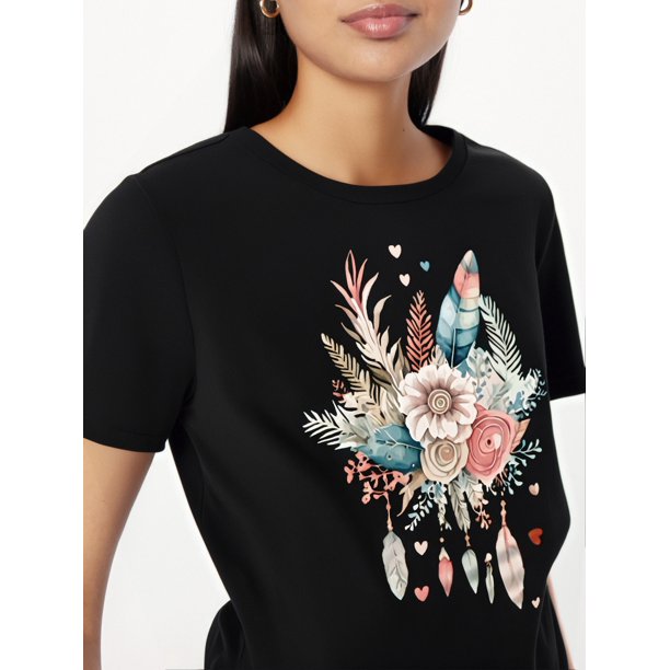Camiseta con estampado de flores y plumas para mujer. Elegante camiseta de manga corta y cuello redondo para primavera y verano. Ligera, transpirable y moderna. Para adultos, hombres, mujeres, adoles