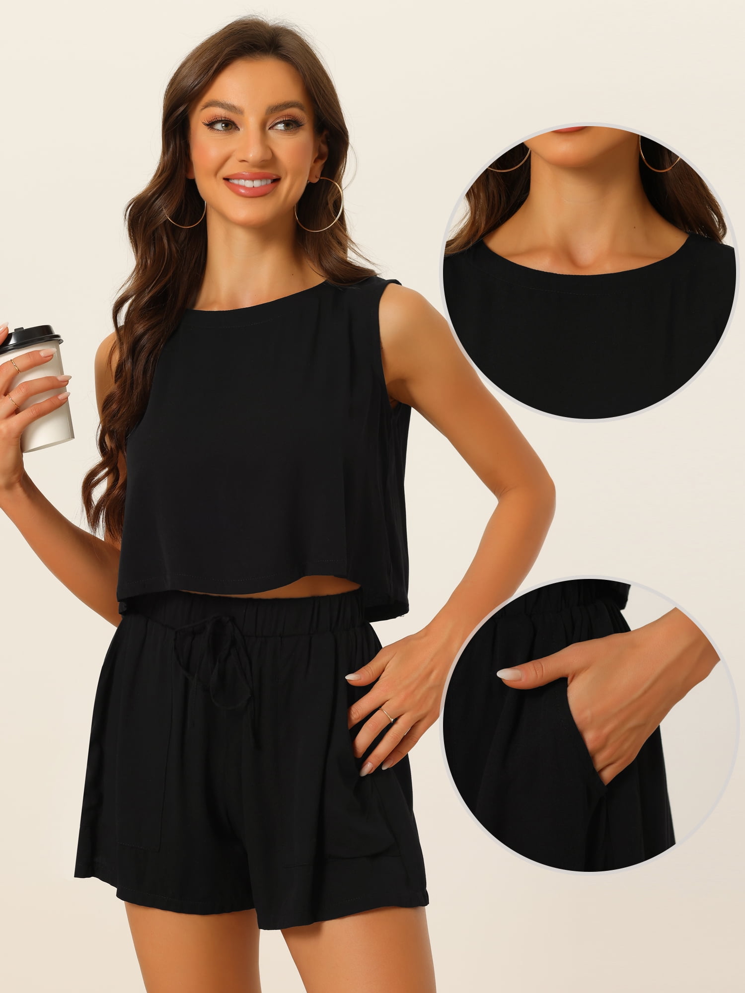 DARING DIVA Women's 2 Pcs Outfits Summer Top and Casual Shorts Sets M Black