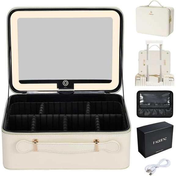 Leather Makeup Case with LED Lighted Mirror 11.4 Inch Travel Makeup Bag Adjustable Brightness in 3 Colors Cosmetic Organizer Artist Storage Bag with Dividers Brush Holder Bag Vanity White