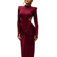 thumbnail image 3 of Women'S Elegant Slim-Fit Long Dress with High Neck, Long Sleeves & Pleated Backless Detail Wine Red L, 3 of 9