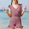 thumbnail image 3 of Girls Swimsuit with Chest Pad Ruffle Trim One Piece Bathing Suit Solid Swimsuits Ruched Sleeveless Swimwear for 7-16 Years, 3 of 7