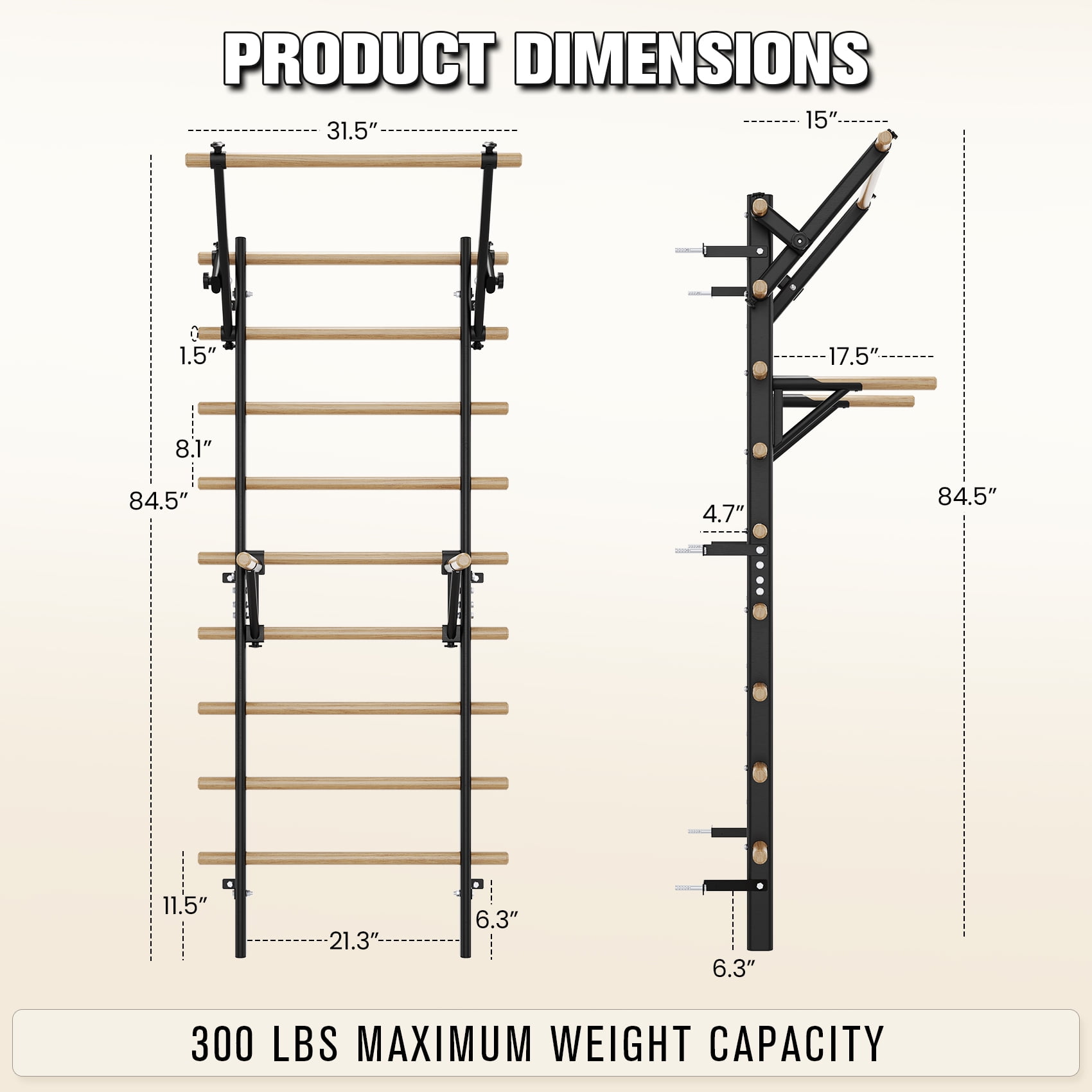 FiitDavz Swedish Ladder Wall Gym, Wooden Stall Bar with Pull-Up Bar and Dip Bar, Adjustable, 300 lb Capacity