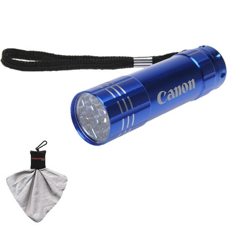 Canon 9 LED Push Button Flashlight (Blue) with Microfiber Cleaning Cloth for Rebel T2i, T3, T3i, T4i, EOS 60D, 7D, 5D Mark II III Digital SLR