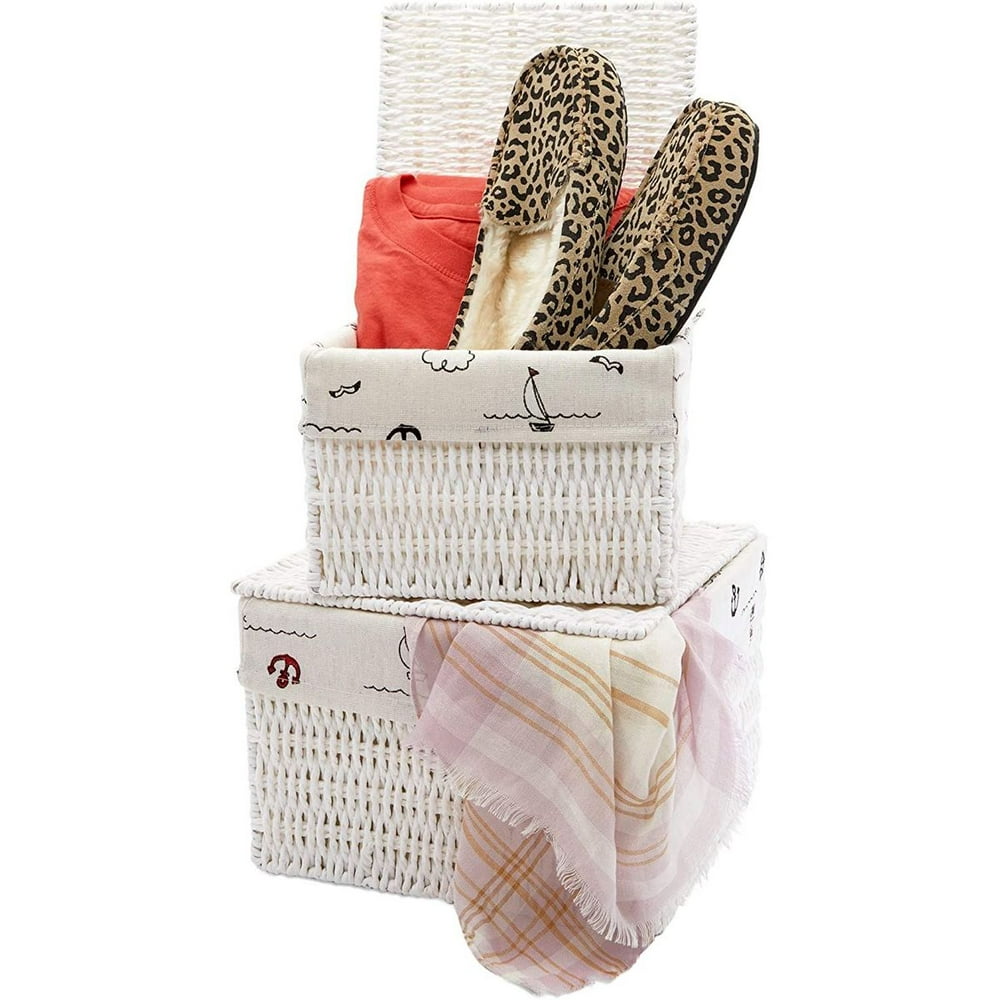 Set of 2 White Woven Wicker Baskets with Lids for Storage & Home Decor