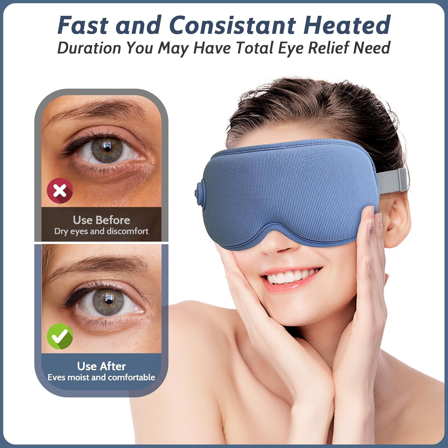Heated Massage Eye Mask, Heating Sleeping Eye Mask with 3 Level Heating, 5 Vibration Modes, 4 Massage Points, 30min Auto Off for Relax Eye Strain, Blue