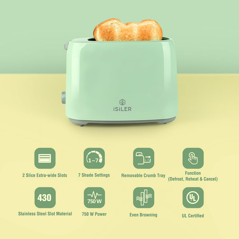iSiLER 2 Slice Toaster, 1.3 Inches Wide Slot Bagel Toaster with 7 Shade  Settings and Double Side Baking, Compact Bread Toaster with Removable Crumb