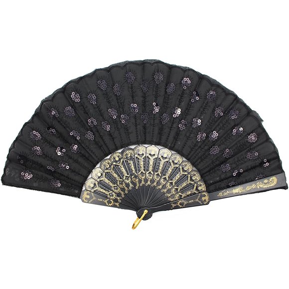 Hithop Hand Fan (Black) - Elegant Fabric Folding Hand Fan - Snaps Open, Easy to Handle. Cools effortlessly. Perfect Ballet and Dance Fan.