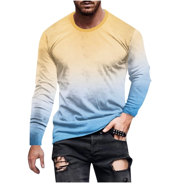 VALMASS Chemises à Manches Longues pour Hommes Grande Taille Col Rond Dégradé Hauts Légers Pull-Over Décontracté Doux (4TG, B Jaune)