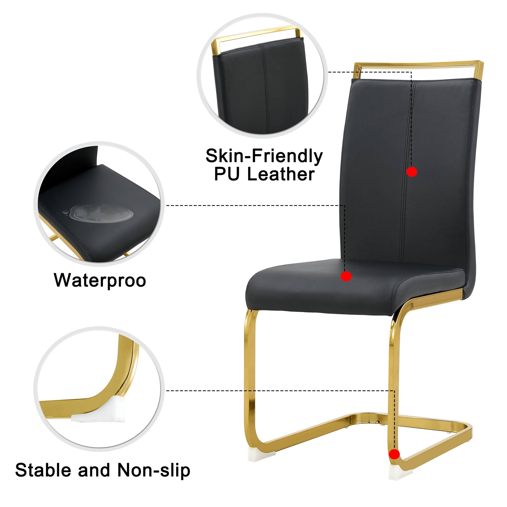 SUDICA Dining Table Set for 6, 63 Inch Rectangular Black Tempered Glass Table with Gold Metal Base and Black PU Leather Chairs for Dining Room