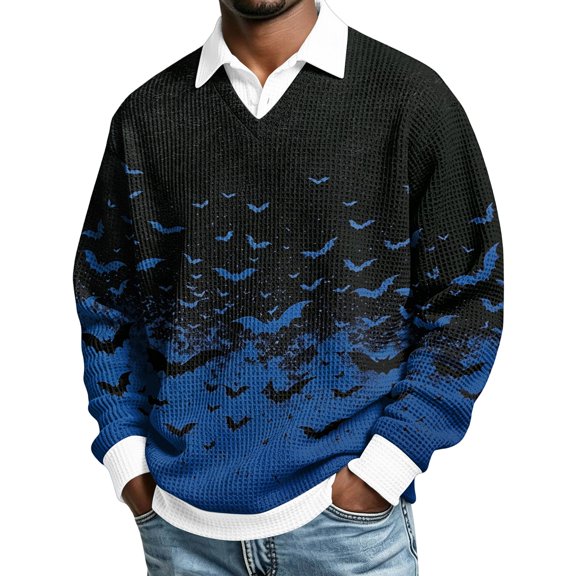 JULMCOMO Halloween Waffle Polo Shirts for Men All Over Bat Print Long Sleeve Collared Loose Fit Casual Golf Shirts Holiday Party Tops Blue M