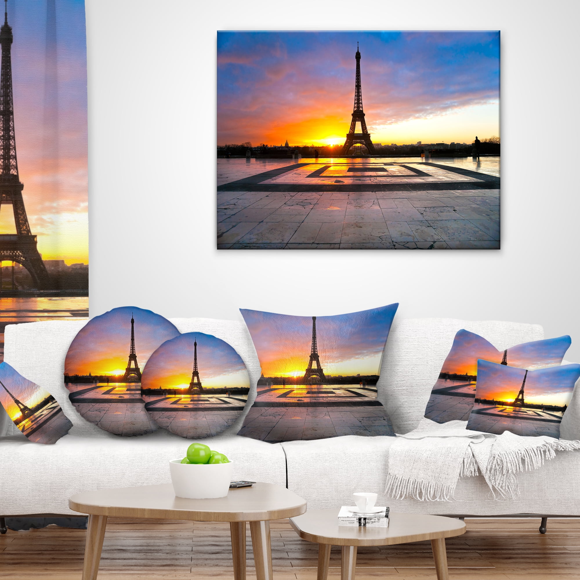 Designart Paris Eiffel Towerat Beautiful Sunrise - Landscape Photography Throw Pillow - 18x18