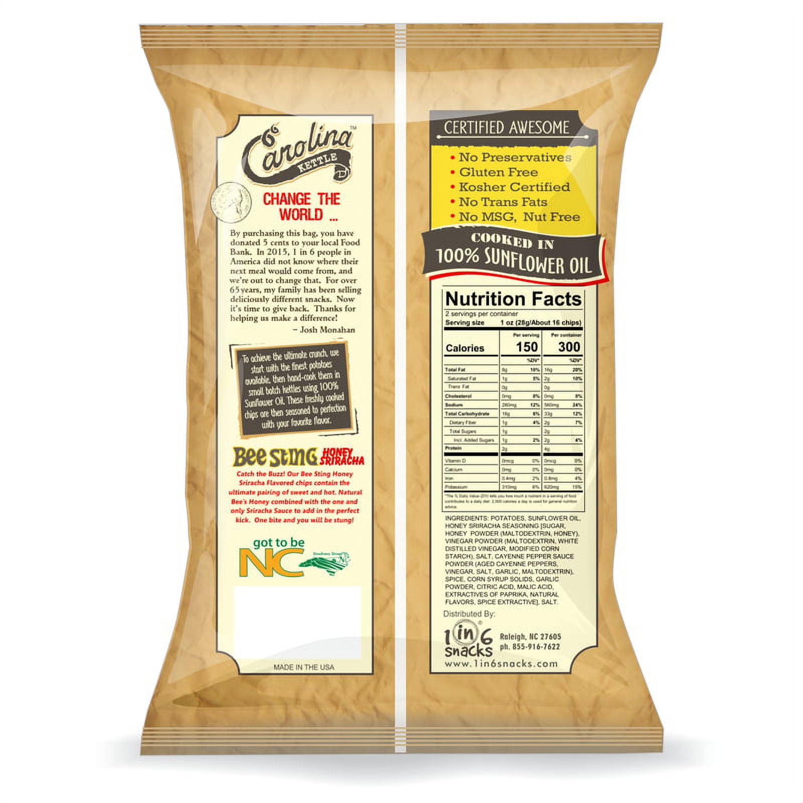 Carolina 9047394 2 oz Bagged Honey Sriracha Kettle Cooked Potato Chips - Pack of 20